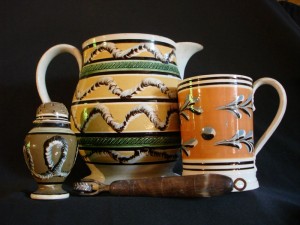 English mocha pepper pot, large jug, and mug