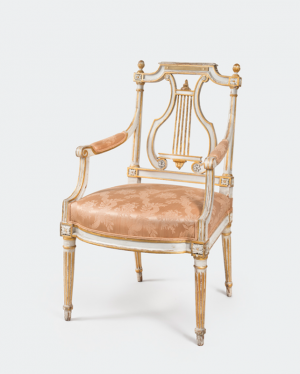 Armchair, possibly United States, ca. 1790-1810. Ash; paint, gold leaf, silk.