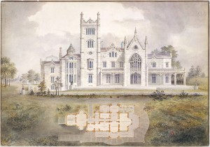 West (rear) elevation and plan of Lyndhurst for George Merritt, Tarrytown, NY