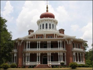 Longwood, the largest octagonal house in the country, designed by Philadelphia architect Samuel Sloan for Haller and Julia Nutt.  The Civil War interrupted the construction of the grand mansion, which remains unfinished.