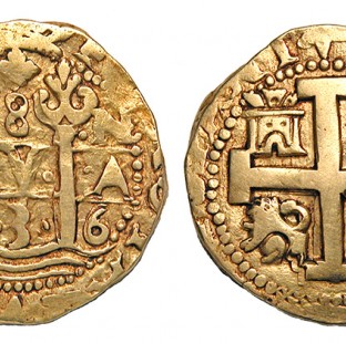 This Spanish colonial gold “doubloon” was struck in Lima, Peru, and was worth about 15 or 16 dollars.
