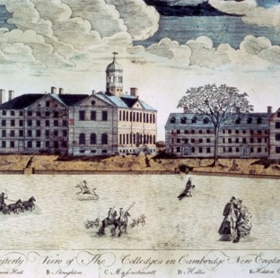 View of Harvard College buildings, 1767.  Engraving by Paul Revere.